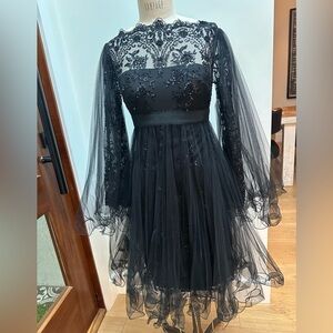 Marchesa Black Lace Long Sleeve Dress with Ruffled Tulle Overlay